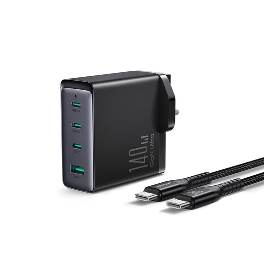 Verkkolaturi USB-C-kaapelilla Joyroom JR-TCG05UK, 140W, 5A, 1 x USB-A - 3 x USB-C, UK, Musta