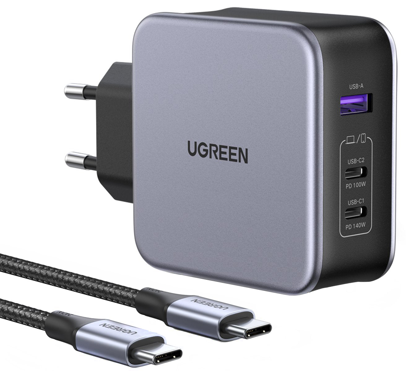 UGREEN CD289 USB-C-verkkolaturi kaapelilla, 140W, 5A, 1 x USB-A - 2 x USB-C, Harmaa