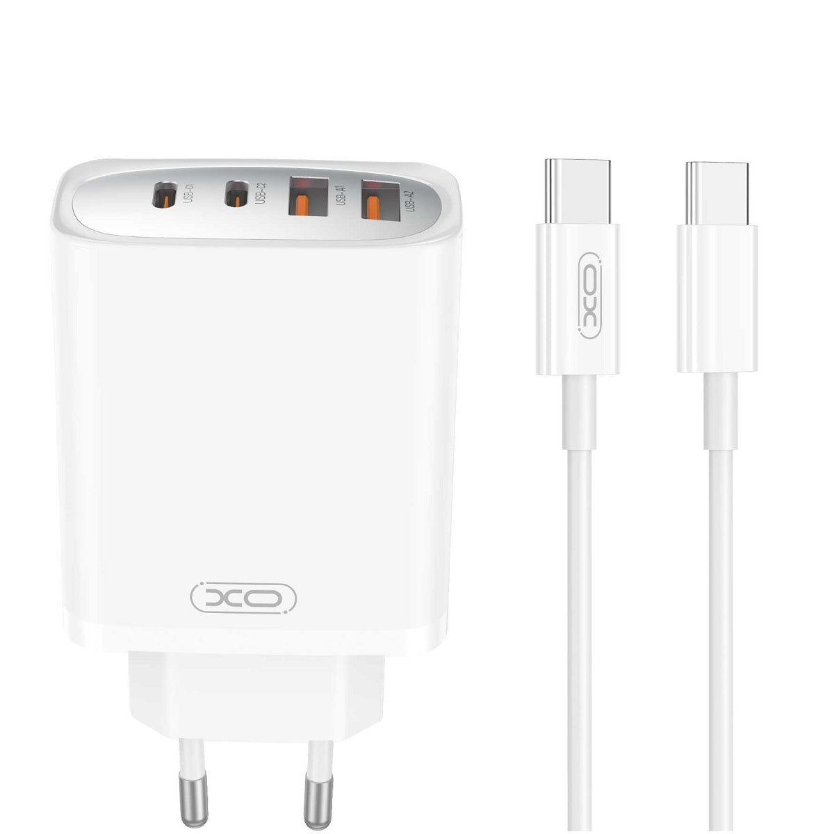 Verkkolaturi USB-C-kaapelilla XO Design CE22, 45W, 3A, 2 x USB-A - 2 x USB-C, Valkoinen