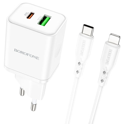 Verkkolaturi Lightning-kaapelilla Borofone BN7, 20W, 3A, 1 x USB-A - 1 x USB-C, Valkoinen