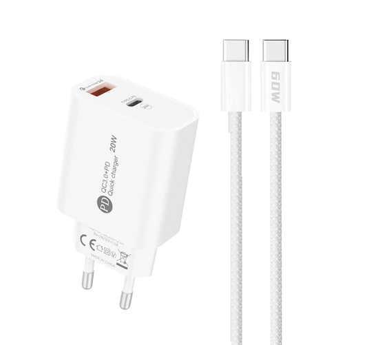 Verkkolaturi USB-C-kaapelilla A6MaxL, 20W, 3A, 1 x USB-A - 1 x USB-C, Valkoinen