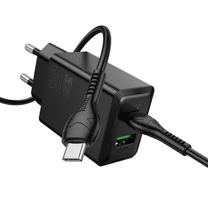 Verkkolaturi USB-C-kaapelilla HOCO N71, 30W, 3A, 1 x USB-A - 1 x USB-C, Musta
