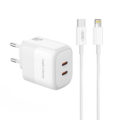 Verkkolaturi Lightning-kaapelilla XO Design L140, 35W, 3A, 2 x USB-C, Valkoinen
