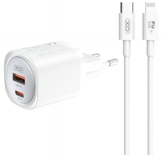 Verkkolaturi Lightning-kaapelilla XO Design CE21, 30W, 3A, 1 x USB-A - 1 x USB-C, Valkoinen