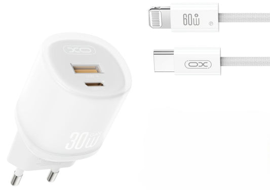 Verkkolaturi Lightning-kaapelilla XO Design L151, 30W, 3A, 1 x USB-A - 1 x USB-C, Valkoinen