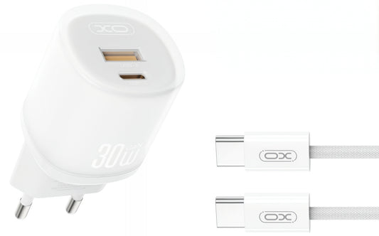 Verkkolaturi USB-C-kaapelilla XO Design L151, 30W, 3A, 1 x USB-A - 1 x USB-C, Valkoinen