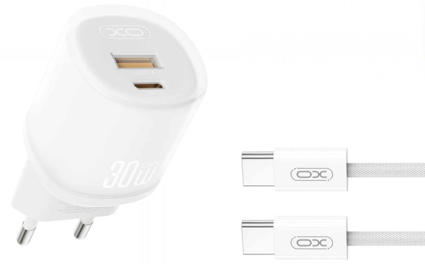 Verkkolaturi USB-C-kaapelilla XO Design L151, 30W, 3A, 1 x USB-A - 1 x USB-C, Valkoinen