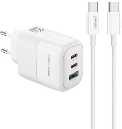 Verkkolaturi USB-C-kaapelilla XO Design L139, 65W, 4.5A, 1 x USB-A - 2 x USB-C, Valkoinen