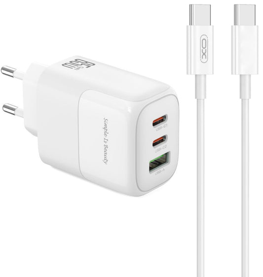 Verkkolaturi USB-C-kaapelilla XO Design L139, 65W, 4.5A, 1 x USB-A - 2 x USB-C, Valkoinen
