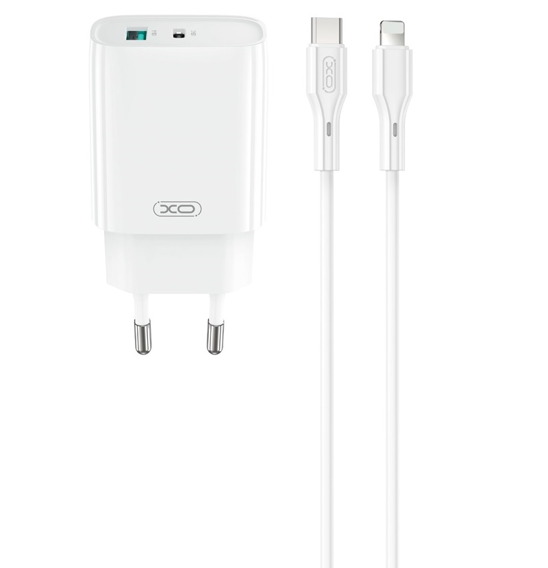 Verkkolaturi Lightning-kaapelilla XO Design CE30, 30W, 3A, 1 x USB-A - 1 x USB-C, Valkoinen