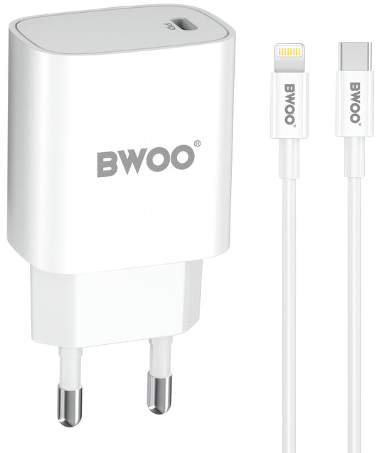 Verkkolaturi Lightning-kaapelilla BWOO CDA159, 20W, 3A, 1 x USB-C, Valkoinen