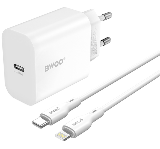 Verkkolaturi Lightning-kaapelilla BWOO CDA233, 20W, 3A, 1 x USB-C, Valkoinen