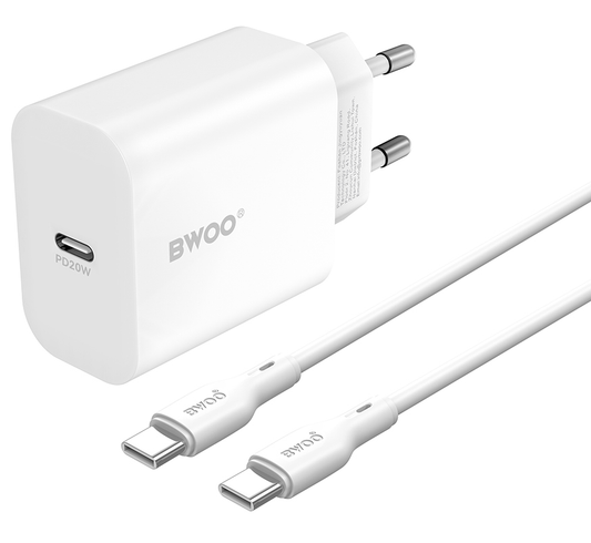 Verkkolaturi USB-C-kaapelilla BWOO CDA233, 20W, 3A, 1 x USB-C, Valkoinen