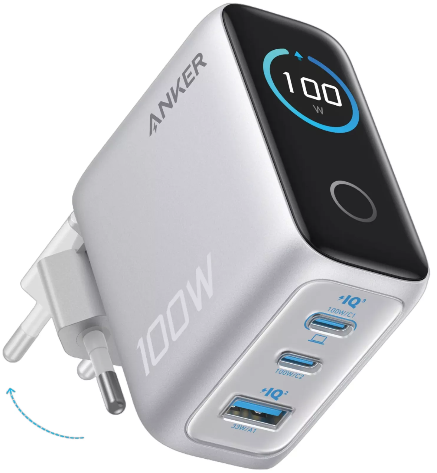 Anker Smart Display USB-C -verkkolaturi kaapelilla, 100W, 5A, 1 x USB-A - 2 x USB-C, Hopea B121BG41