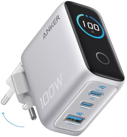 Anker Smart Display USB-C -verkkolaturi kaapelilla, 100W, 5A, 1 x USB-A - 2 x USB-C, Hopea B121BG41