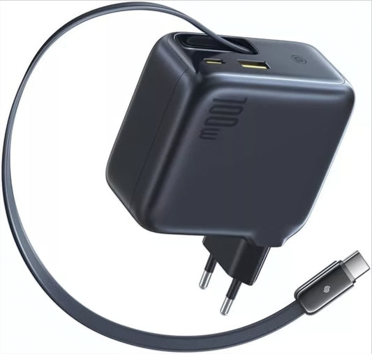 Baseus EnerCore CJ11 USB-C-verkkolaturi kaapelilla, 100W, 1 x USB-A - 2 x USB-C, Musta E0120M00