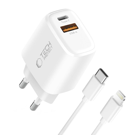 Verkkolaturi Lightning-kaapelilla Tech-Protect NCA20, 20W, 3A, 1 x USB-A - 1 x USB-C, Valkoinen