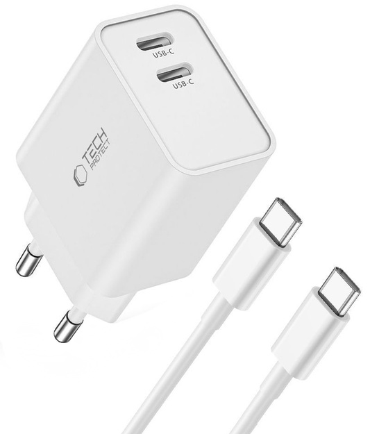 Verkkolaturi USB-C-kaapelilla Tech-Protect C35W, 35W, 3A, 2 x USB-C, Valkoinen
