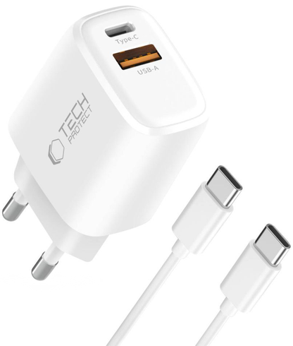 Verkkolaturi USB-C-kaapelilla Tech-Protect NCA20, 20W, 3A, 1 x USB-A - 1 x USB-C, Valkoinen