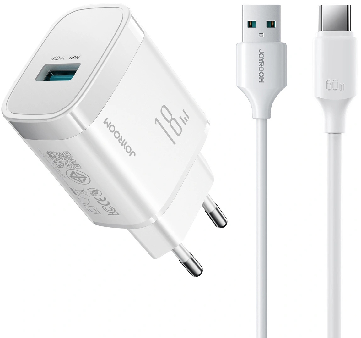 Verkkolaturi USB-C-kaapelilla Joyroom JR-TF4, 18W, 3A, 1 x USB-A, Valkoinen