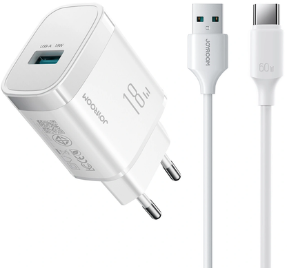 Verkkolaturi USB-C-kaapelilla Joyroom JR-TF4, 18W, 3A, 1 x USB-A, Valkoinen