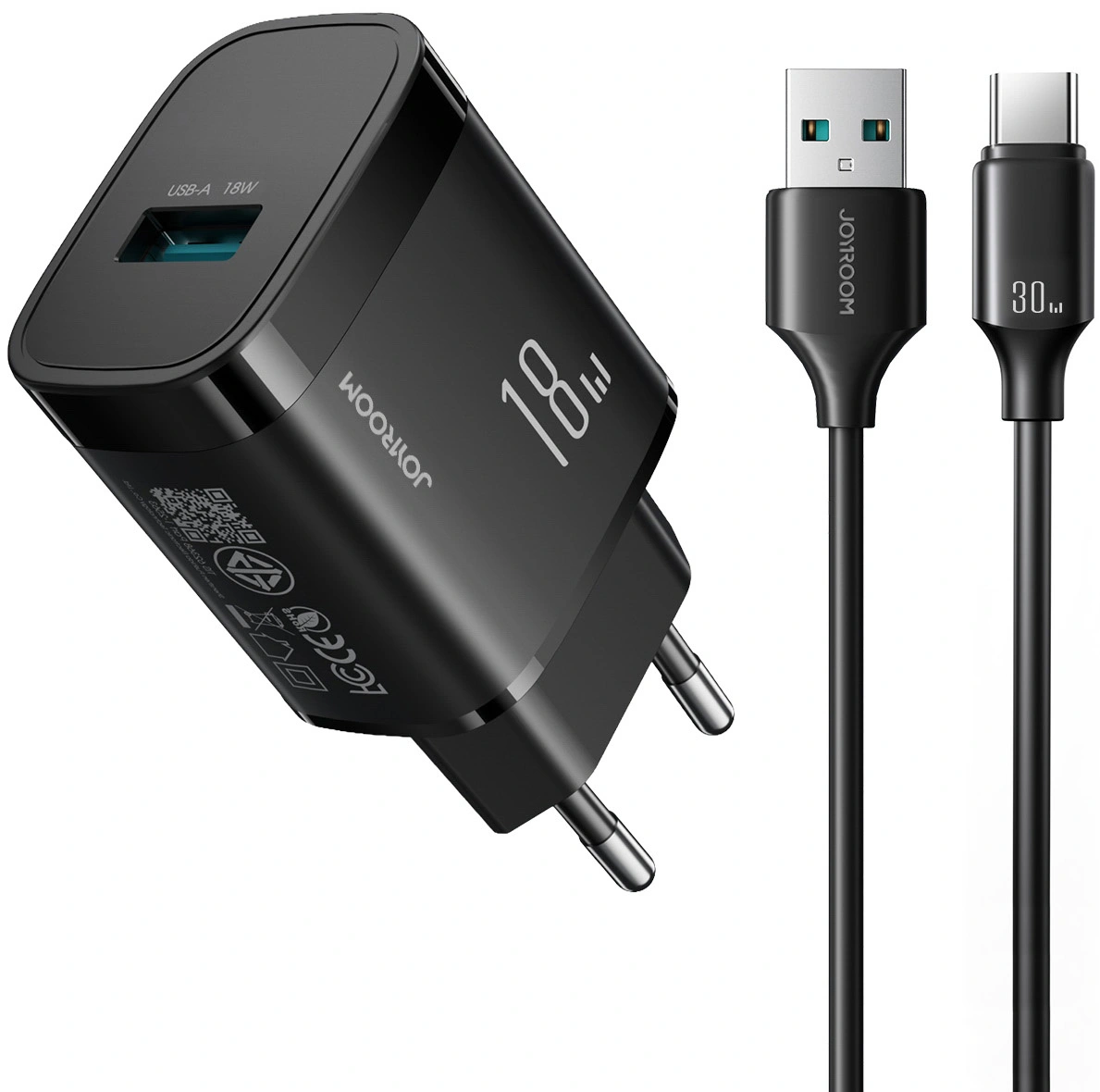 Verkkolaturi USB-C-kaapelilla Joyroom JR-TF4, 18W, 3A, 1 x USB-A, Musta