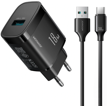Verkkolaturi USB-C-kaapelilla Joyroom JR-TF4, 18W, 3A, 1 x USB-A, Musta
