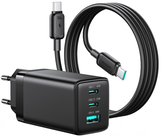 Verkkolaturi USB-C-kaapelilla Joyroom JR-TG10, 65W, 3,25A, 1 x USB-A - 2 x USB-C, Musta