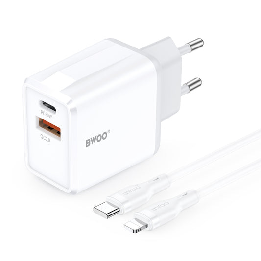 Verkkolaturi Lightning-kaapelilla BWOO CDA182, 38W, 3A, 1 x USB-A - 1 x USB-C, Valkoinen