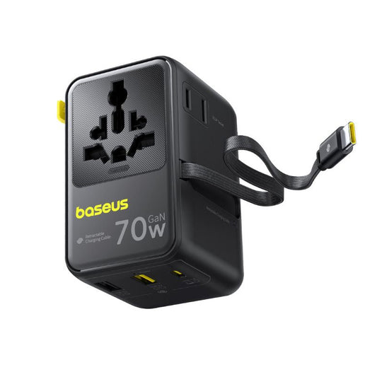 Verkkolaturi USB-C-kaapelilla Baseus Travel EnerCore CG11, 70W, 2 x Pistorasia - 1 x USB-C - 2 x USB-A, Musta E0307E00