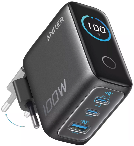 Verkkolaturi USB-C-kaapelilla Anker Smart Display, 100W, 5A, 1 x USB-A - 2 x USB-C, Harmaa, Uudelleenpakattu B121BGZ1