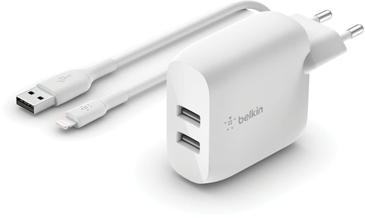 Verkkolaturi USB-C-kaapelilla Belkin BoostCharge Dual, 24W, 2,4A, 2 x USB-A, Valkoinen WCE001vf1MWH