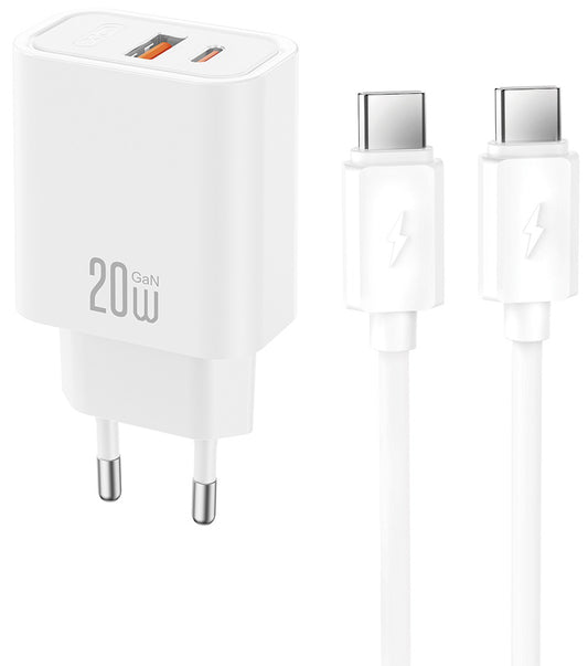 Verkkolaturi USB-C-kaapelilla XO Design CE40, 20W, 3A, 1 x USB-A - 1 x USB-C, Valkoinen