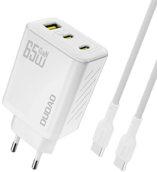 Verkkolaturi USB-C-kaapelilla Dudao A29C, 65W, 3,25A, 1 x USB-A - 2 x USB-C, Valkoinen