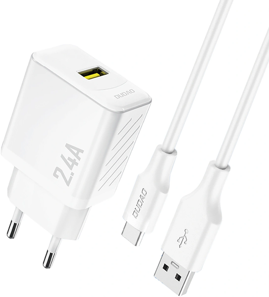 Verkkolaturi USB-C-kaapelilla Dudao A23TEU, 12W, 2.4A, 1 x USB-A, Valkoinen