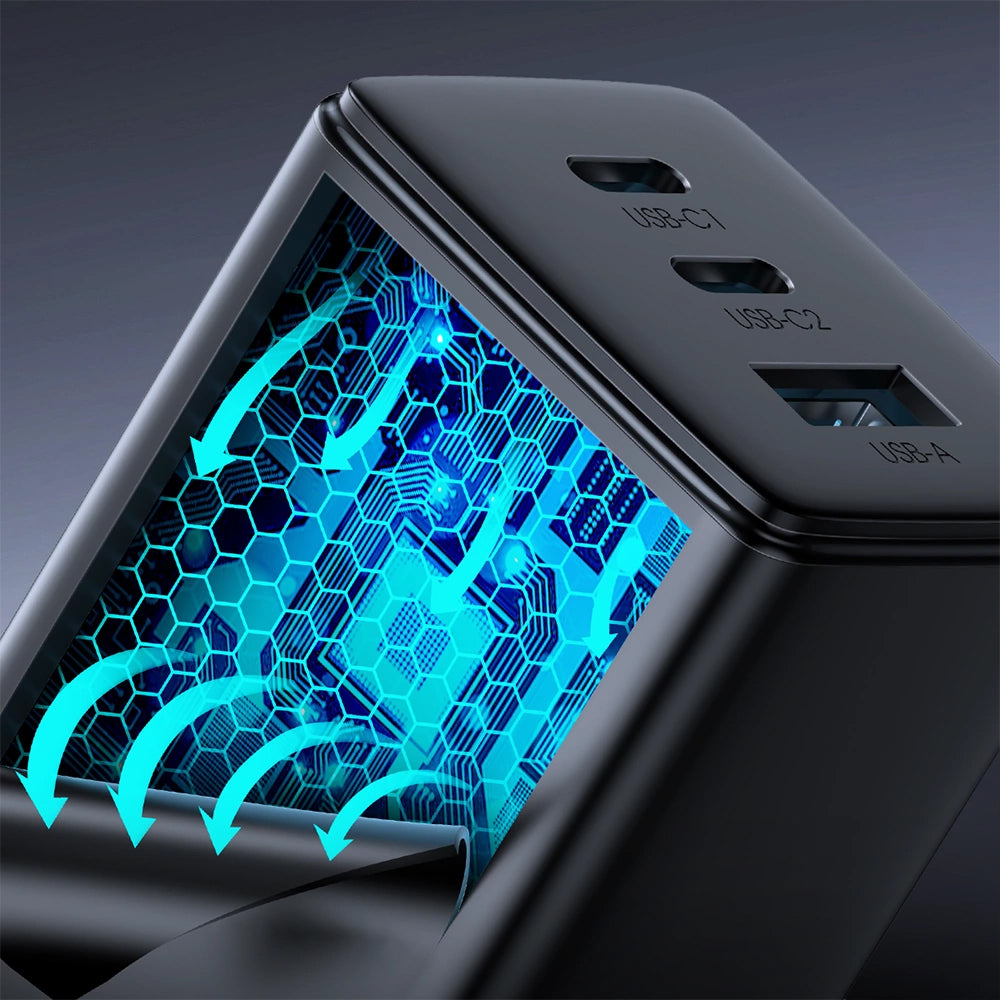 Verkkolaturi USB-C-kaapelilla Joyroom TCG01, 65W, 3.25A, 1 x USB-A - 2 x USB-C, Musta