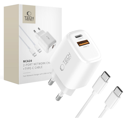 Verkkolaturi USB-C-kaapelilla Tech-Protect NCA20, 20W, 3A, 1 x USB-A - 1 x USB-C, Valkoinen