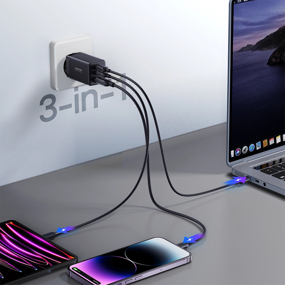 Verkkolaturi USB-C-kaapelilla Joyroom TCG01, 65W, 3.25A, 1 x USB-A - 2 x USB-C, Musta