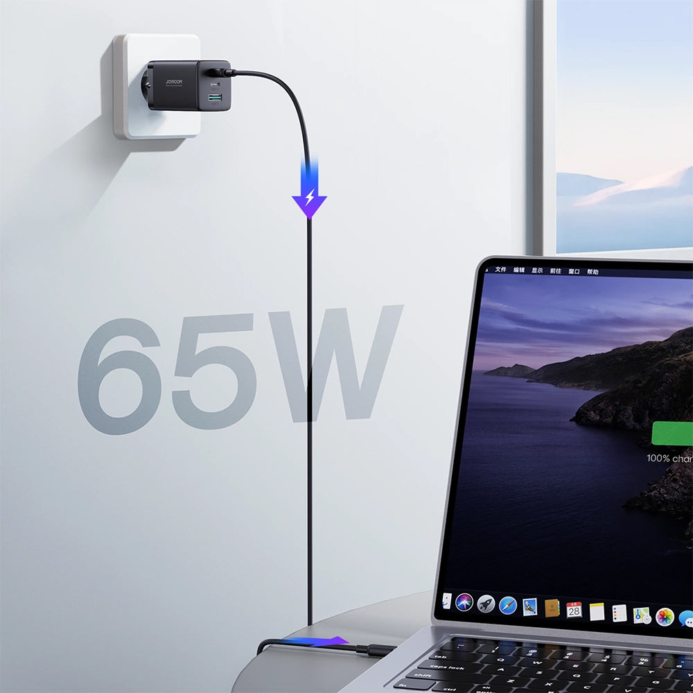Verkkolaturi USB-C-kaapelilla Joyroom TCG01, 65W, 3.25A, 1 x USB-A - 2 x USB-C, Musta