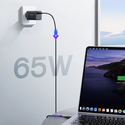 Verkkolaturi USB-C-kaapelilla Joyroom TCG01, 65W, 3.25A, 1 x USB-A - 2 x USB-C, Musta