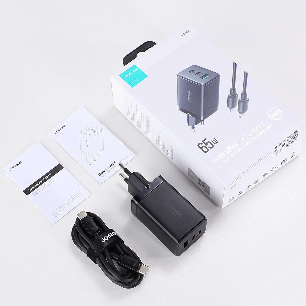 Verkkolaturi USB-C-kaapelilla Joyroom TCG01, 65W, 3.25A, 1 x USB-A - 2 x USB-C, Musta