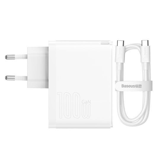 Baseus GaN5 Pro USB-C -verkkolaturi kaapelilla, 100W, 3A, 1 x USB-A - 1 x USB-C, Valkoinen CCGP090202