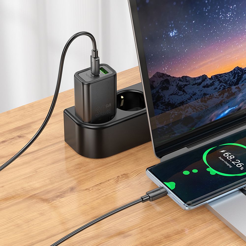 Verkkolaturi USB-C-kaapelilla HOCO N63, 30W, 3A, 1 x USB-A - 1 x USB-C, Musta