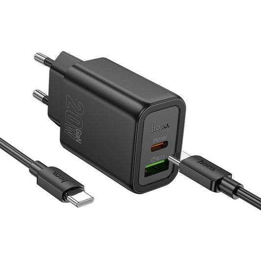 Verkkolaturi Lightning-kaapelilla HOCO N61, 20W, 3A, 1 x USB-A - 1 x USB-C, Musta