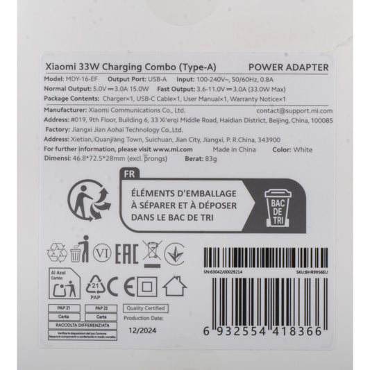 Xiaomi USB-C -kaapelilla varustettu verkkolaturi, 33W, 3A, 1 x USB-A, Valkoinen BHR9956EU