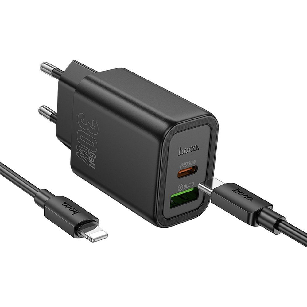 HOCO N63 Lightning-kaapelilla varustettu verkkolaturi, 30W, 3A, 1 x USB-A - 1 x USB-C, Musta