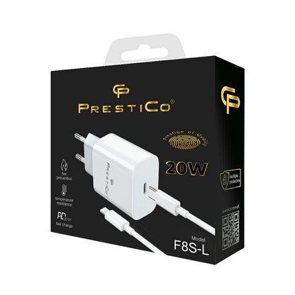 Verkkolaturi Lightning-kaapelilla Prestico F8S, 20W, 3A, 1 x USB-C, Valkoinen