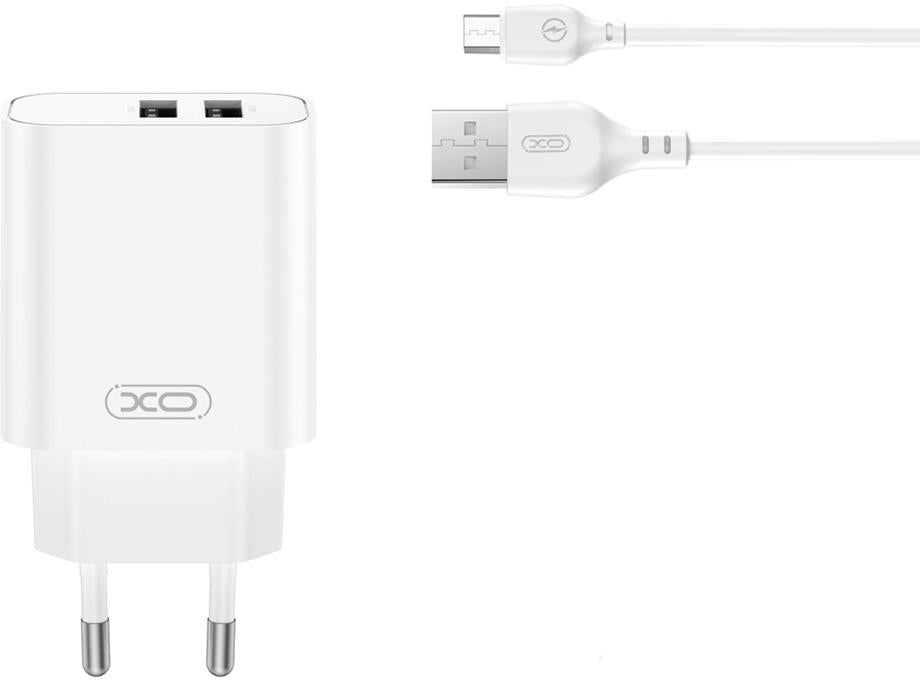 Verkkolaturi microUSB-kaapelilla XO Design CE34, 12W, 2.4A, 2 x USB-A, Valkoinen