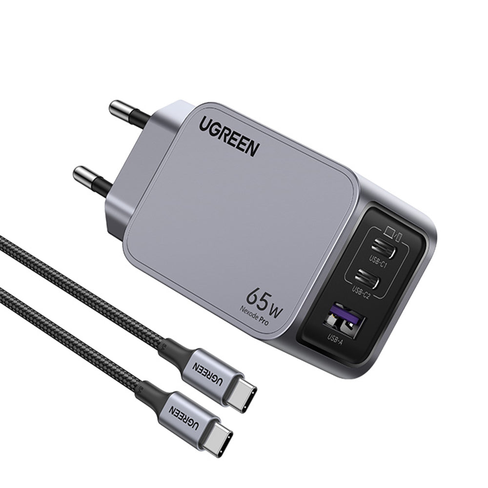 UGREEN X755 Nexode Pro USB-C-verkkolaturi kaapelilla, 65W, 3A, 1 x USB-A - 2 x USB-C, Harmaa