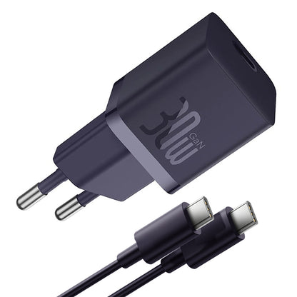 Baseus GaN Mini 1C USB-C-verkkolaturi kaapelilla, 30W, 3A, 1 x USB-C, Violetti P10110902523-00